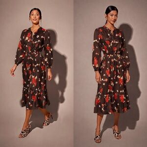NWT Tucker NYC The Juliette Dress - Brown Floral - Size 2XL - Midi Silk Dress